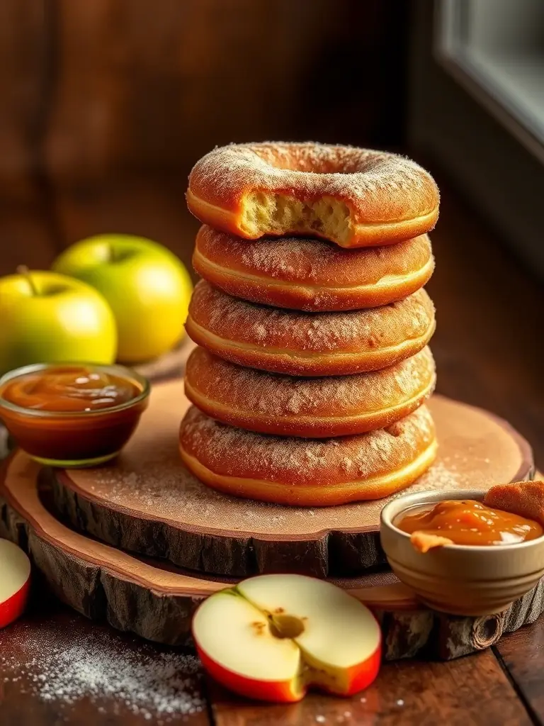 A stack of Homepage Orchard's apple cider donuts, dusted with cinnamon sugar, displayed on a wooden platter.