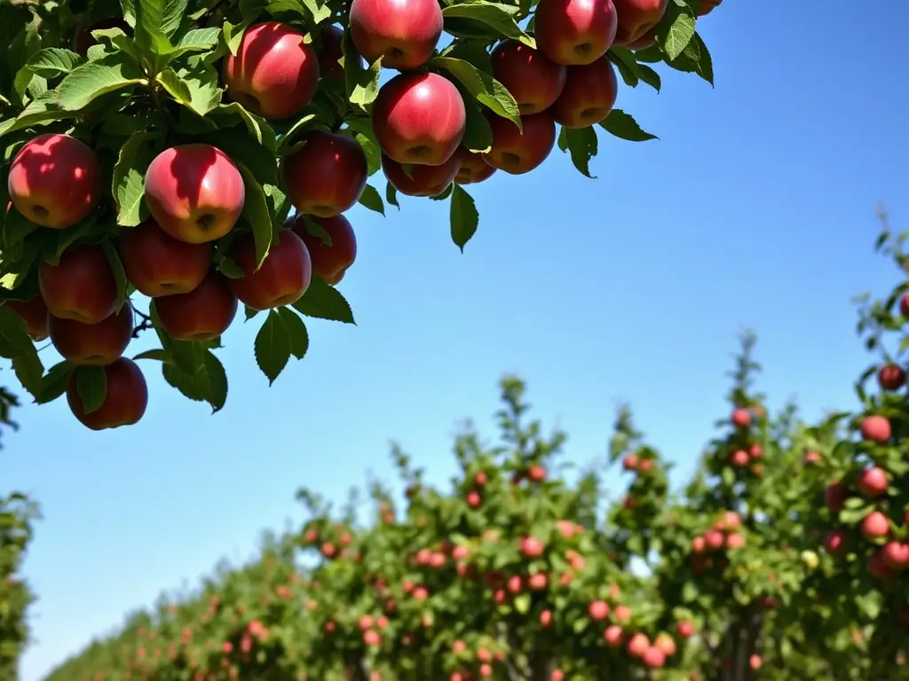A picture of a Granny Smith apple tree in Homepage Orchard, with bright green apples ready for harvest.