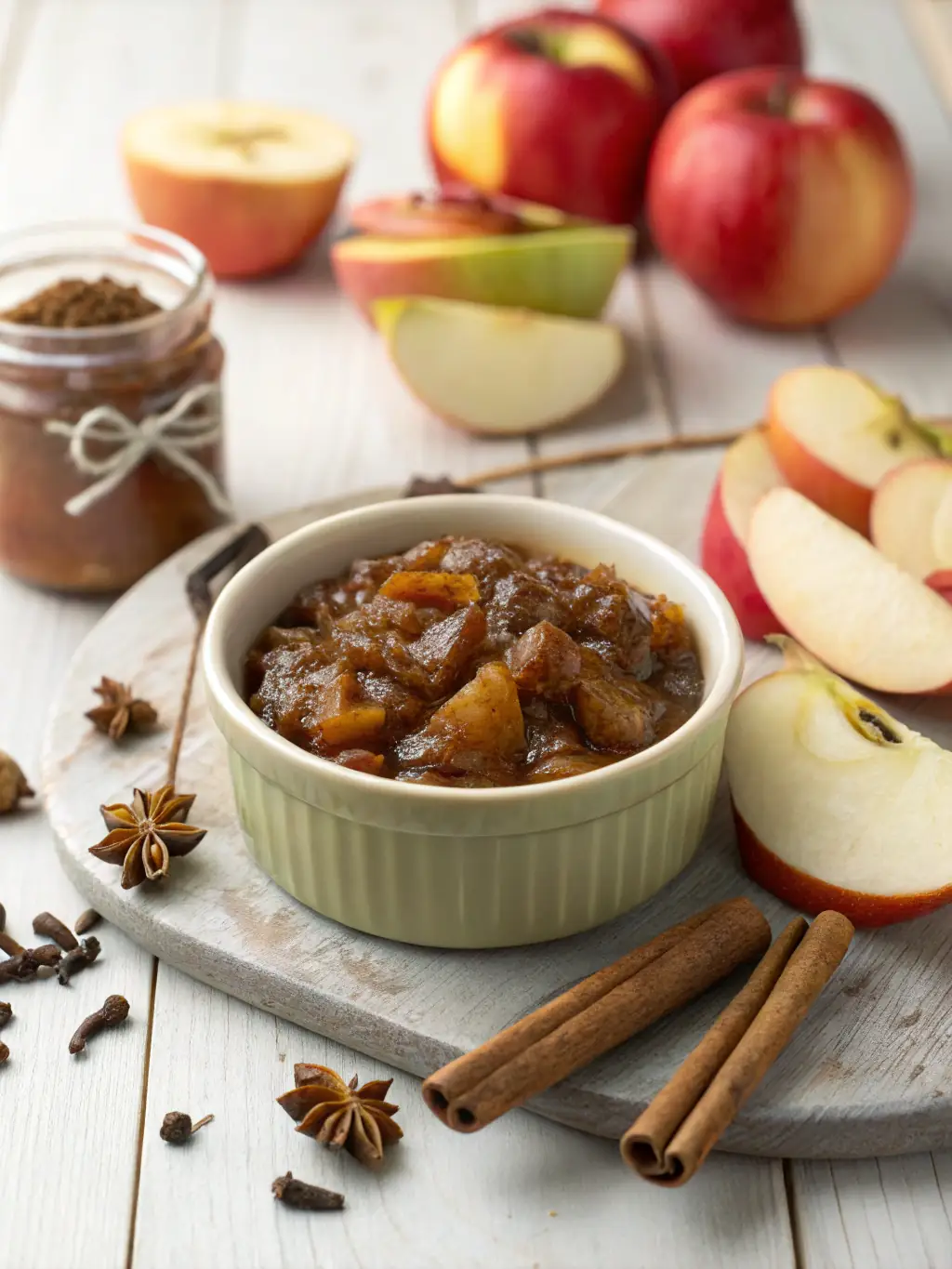 A jar of homemade apple butter from Homepage Orchard, with a spoon resting inside, showcasing its rich color and smooth texture.