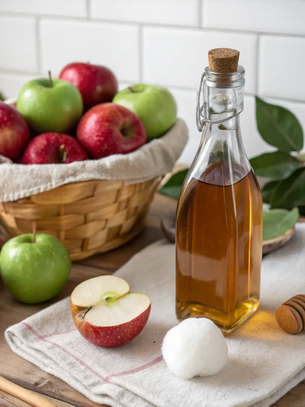A glass bottle of Homepage Orchard's homemade apple cider, with a rustic label, sitting on a wooden table with apples and cinnamon sticks around it.