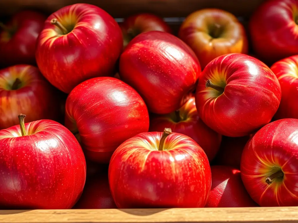 A close-up shot of a Honeycrisp apple hanging from a tree branch in Homepage Orchard, showcasing its vibrant red color and crisp texture.