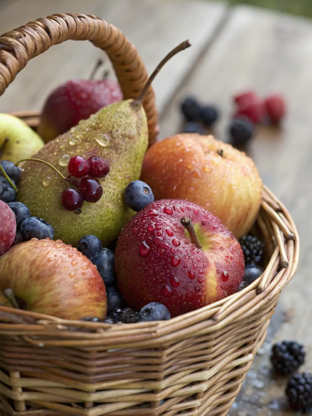 A close-up shot of a basket filled with bright red, freshly picked apples in Homepage Orchard, with sunlight filtering through the apple trees in the background.
